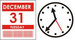 Illustration of calendar day 31 December with illustration clock at 11.35