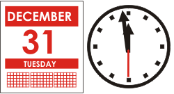 Illustration of calendar day 31 December with illustration clock at 11.59