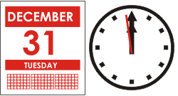 Illustration of calendar day 31 December with illustration clock at 12.00