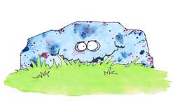 blue rock with eyes on grass