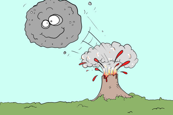 Cartoon showing a boulder flying from an erupting volcano