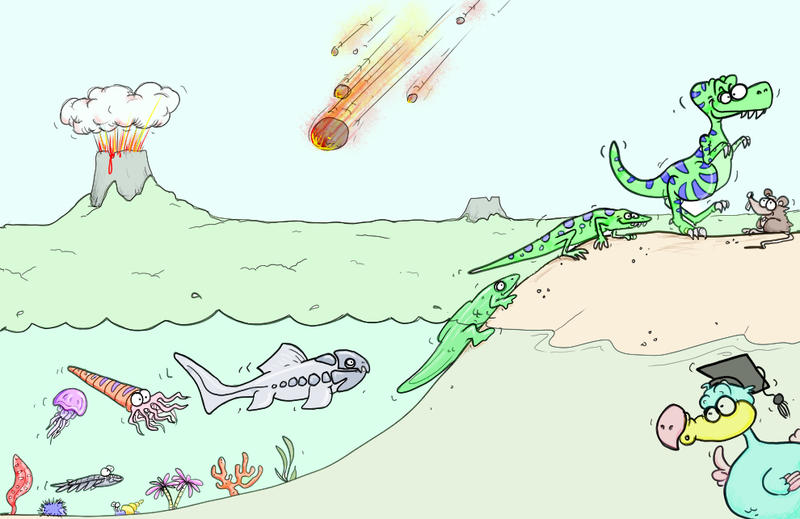 Cartoon scene of meteorites striking a prehistoric landscape with various animals