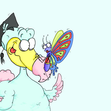 Cartoon of a 'Professor' dodo with a colourful butterfly perched on its beak