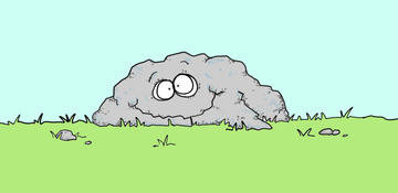 Cartoon of a rock sitting on a grass surface